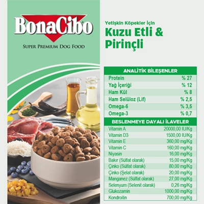 BonaCibo 15 Kg  Kuzu Etli Ve Pirinçli Yetişkin Köpek Maması 