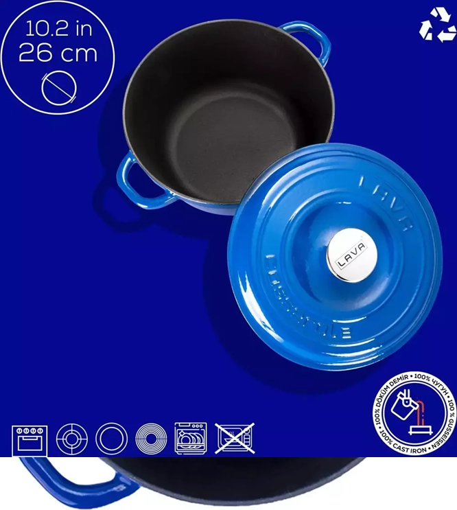 Lava 26 cm New Heritage Yuvarlak Döküm Tencere Mavi