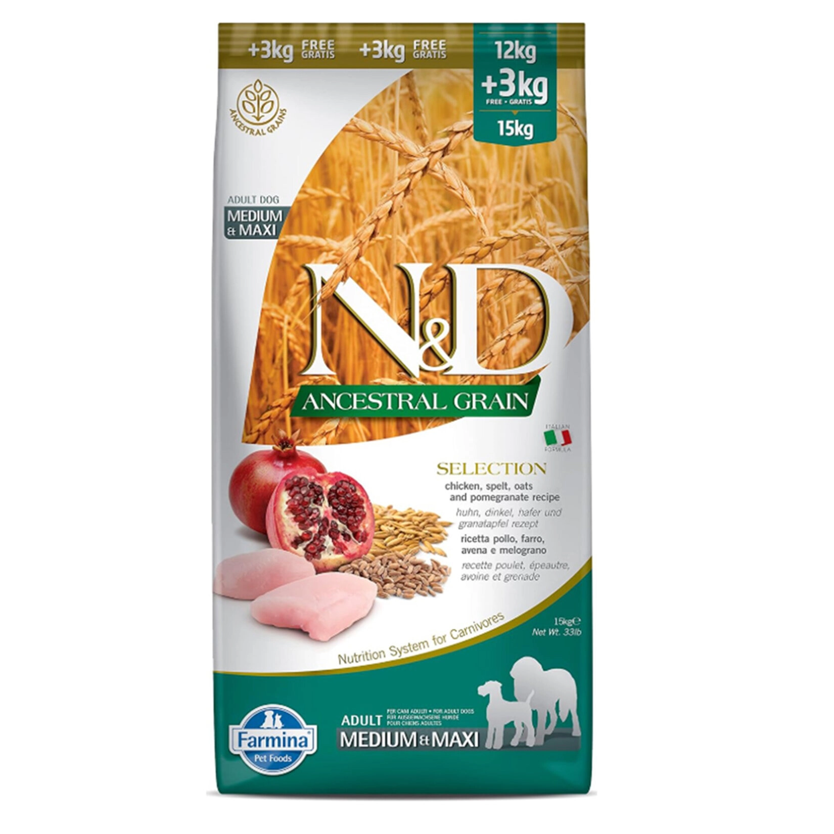 N&D Ancestral Selection Düşük Tahıllı Tavuklu ve Narlı 12 + 3 kg Orta ve Büyük Irk Yetişkin Köpek Maması