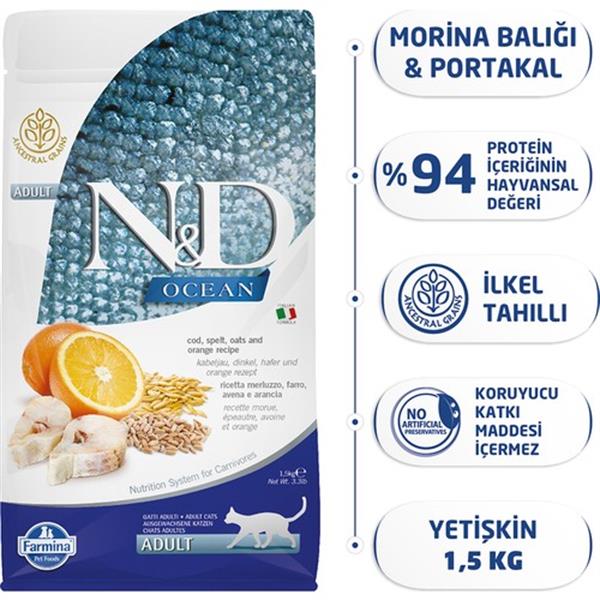 N&D 1,5 Kg Ocean Düşük Tahıllı Morina Balıklı Portakallı Yetişkin Kedi Maması