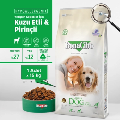 BonaCibo 15 Kg  Kuzu Etli Ve Pirinçli Yetişkin Köpek Maması 