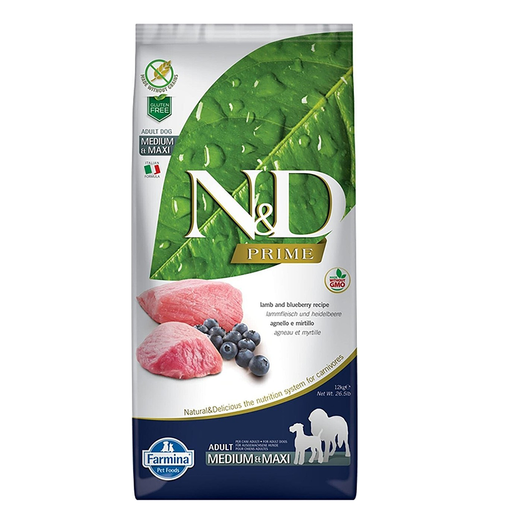 N&D Prime Tahılsız 12 Kg Kuzu Etli ve Yaban Mersinli  Orta ve Büyük Irk Yetişkin Köpek Maması