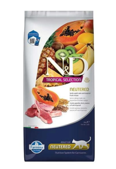 N&D 10 Kg Düşük Tahıllı Kuzu Etli ve Tropikal Meyveli Kısır Kedi Maması