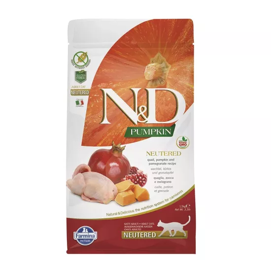 N & D Pumpkin 1.5 Kg Bıldırcın Etli Bal Kabaklı Ve Narlı Tahılsız Kısırlaştırılmış Kedi Maması 